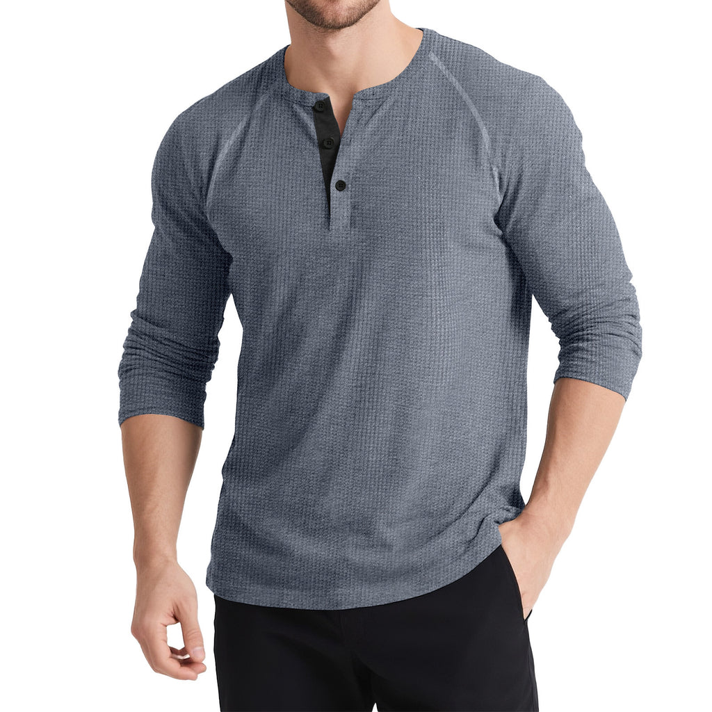 Men’s Retro Three-Button Color Block Sweater – Casual Cotton Blend Long Sleeve T-Shirt