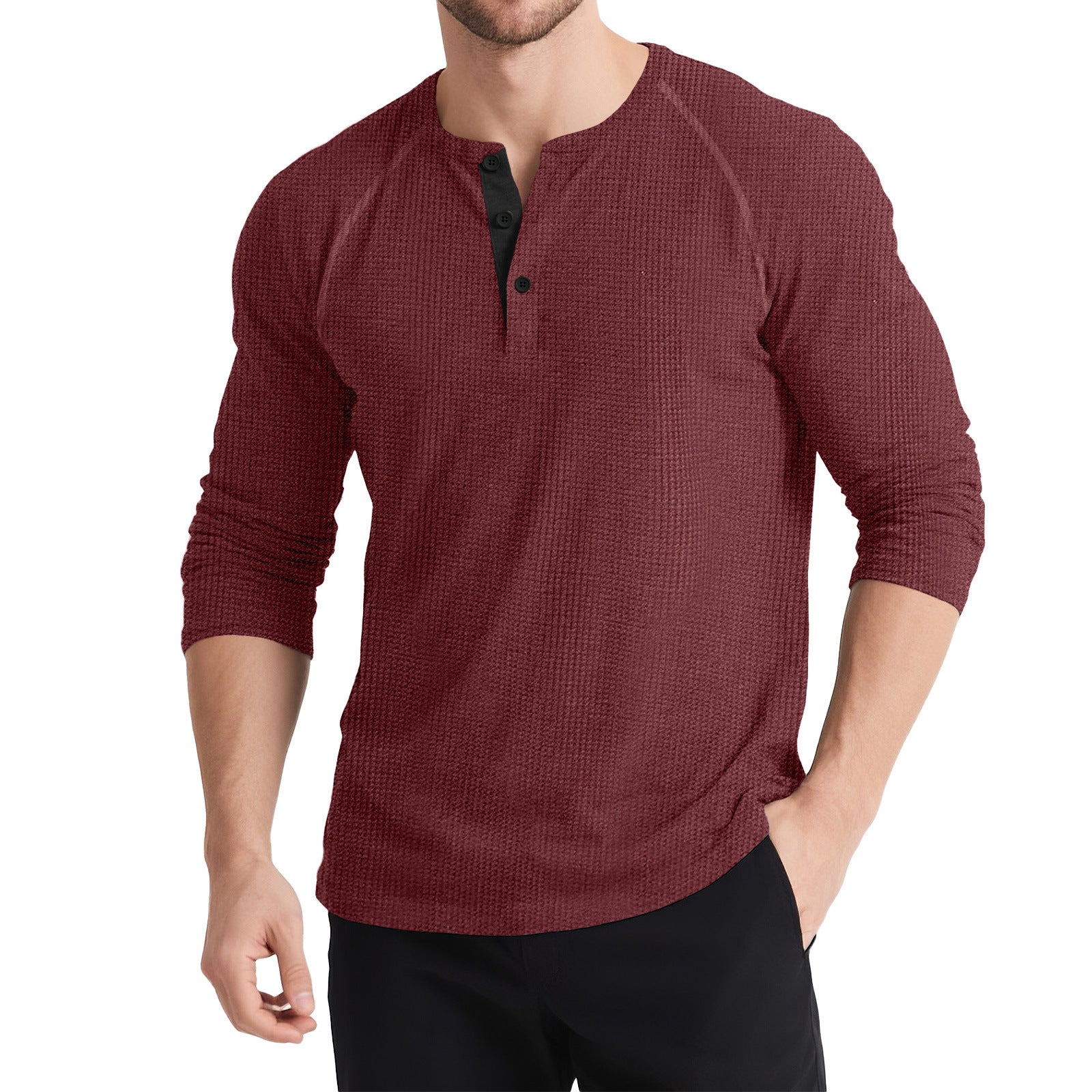 Men’s Retro Three-Button Color Block Sweater – Casual Cotton Blend Long Sleeve T-Shirt