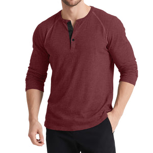 Men’s Retro Three-Button Color Block Sweater – Casual Cotton Blend Long Sleeve T-Shirt