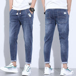 Denim Stretch Casual Men's Cropped Trousers Thin Lightweight Polyester Mid Waist Elastic Pants