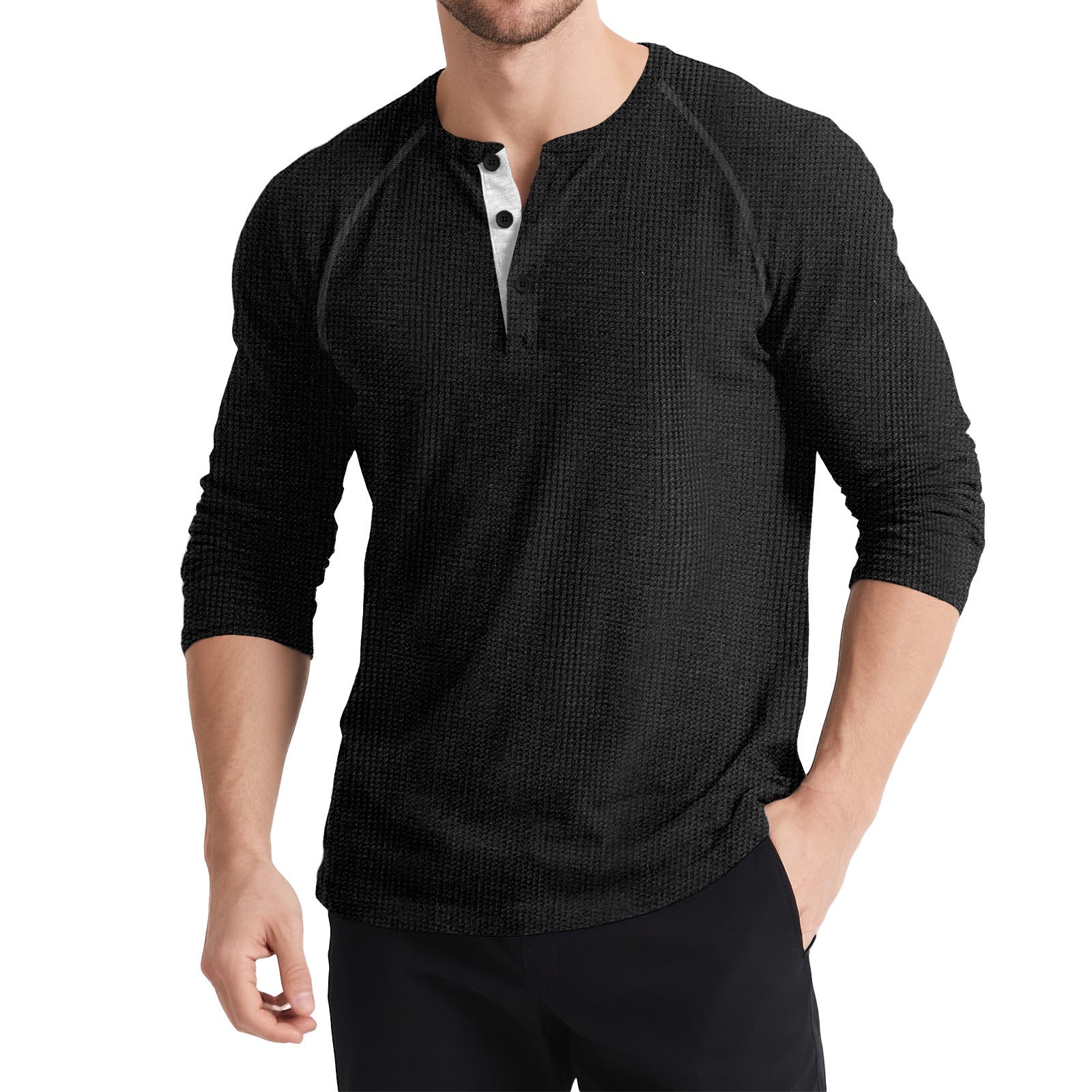 Men’s Retro Three-Button Color Block Sweater – Casual Cotton Blend Long Sleeve T-Shirt