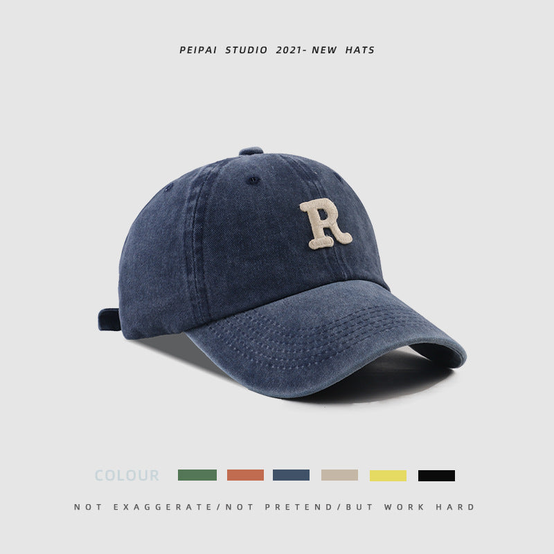 Washed Letter R Baseball Cap – Casual Cotton Patch Sun Hat for Men & Women | Breathable Adjustable Dome Cap