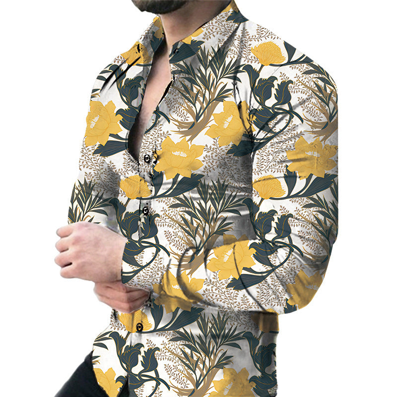Men’s Casual Long Sleeve Floral Shirt – Lightweight Printed Cardigan Style Lapel Top for Daily Wear