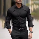 Men’s Long Sleeve Stretch Shirt – Fashionable Solid Color Loose Fit Top for Casual & Daily Wear