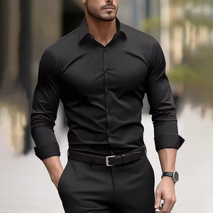 Men’s Long Sleeve Stretch Shirt – Fashionable Solid Color Loose Fit Top for Casual & Daily Wear