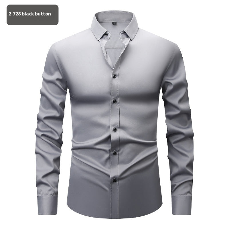 Men’s Long Sleeve Stretch Shirt – Fashionable Solid Color Loose Fit Top for Casual & Daily Wear