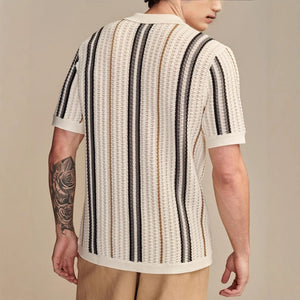 Men’s Hollow-out Knitted Polo Cardigan | Breathable Striped Short Sleeve Casual Shirt