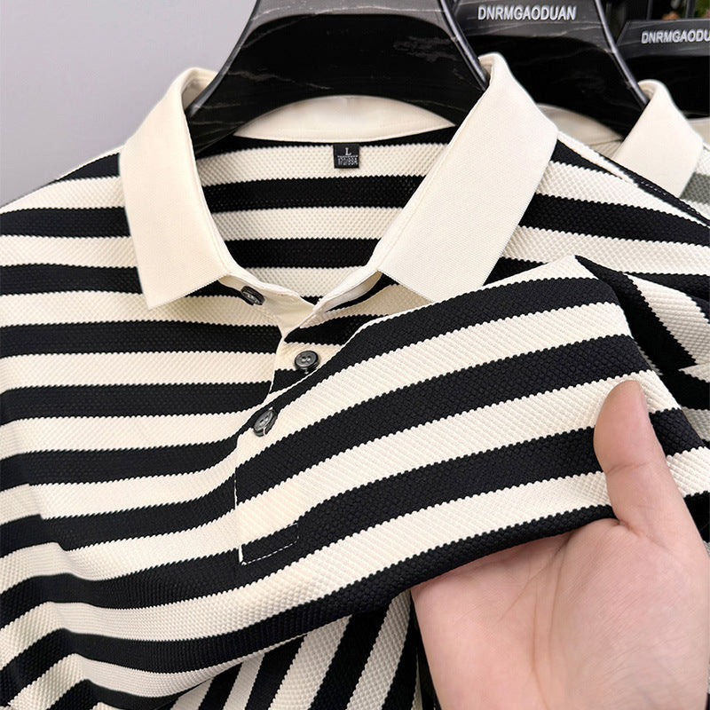 Men’s Lapel Jacquard Striped Shirt | Breathable Summer Business Casual Short Sleeve Top