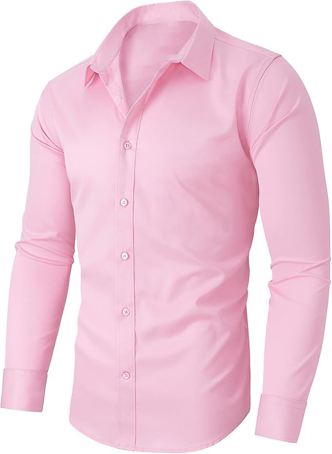 Men’s Full Elastic Long Sleeve Shirt – Simple Solid Color Stretch Cardigan for Daily Wear