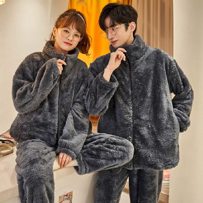Plush Couple Thermal Zipper Suit – Thick Flannel Homewear Set for Men and Women
