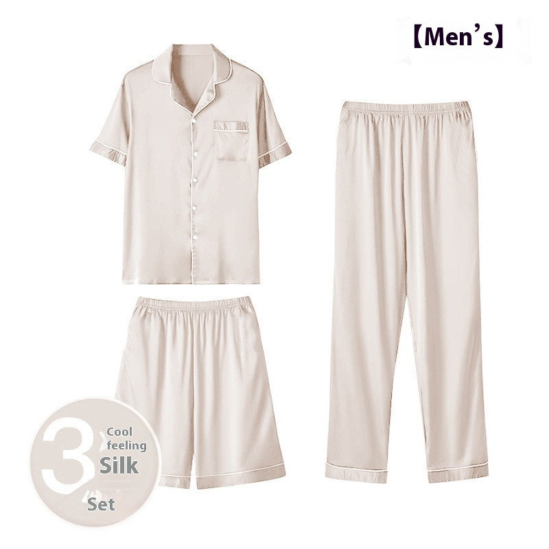 Men’s Ice Silk Homewear Three-Piece Suit – Lightweight Pajamas with Shorts and Trousers for Comfortable Relaxation