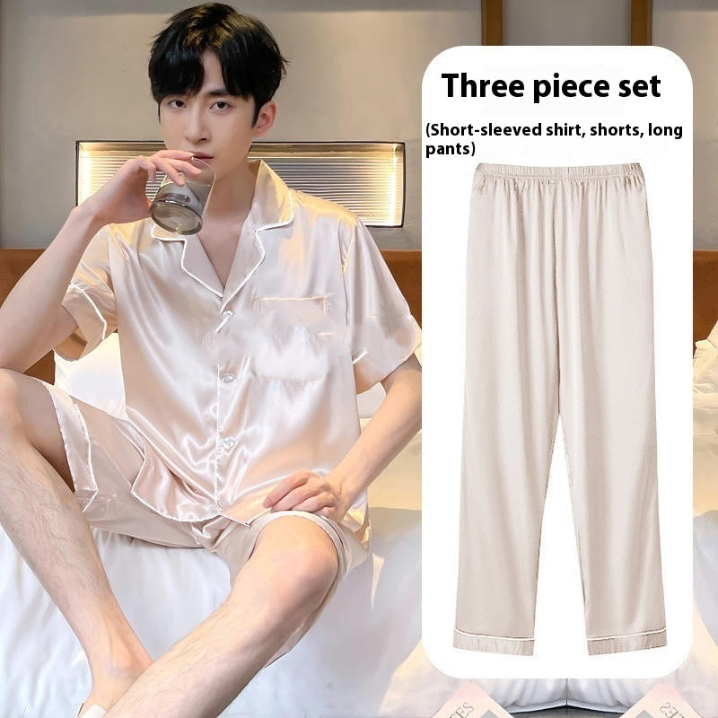 Men’s Ice Silk Homewear Three-Piece Suit – Lightweight Pajamas with Shorts and Trousers for Comfortable Relaxation