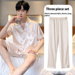 Men’s Ice Silk Homewear Three-Piece Suit – Lightweight Pajamas with Shorts and Trousers for Comfortable Relaxation