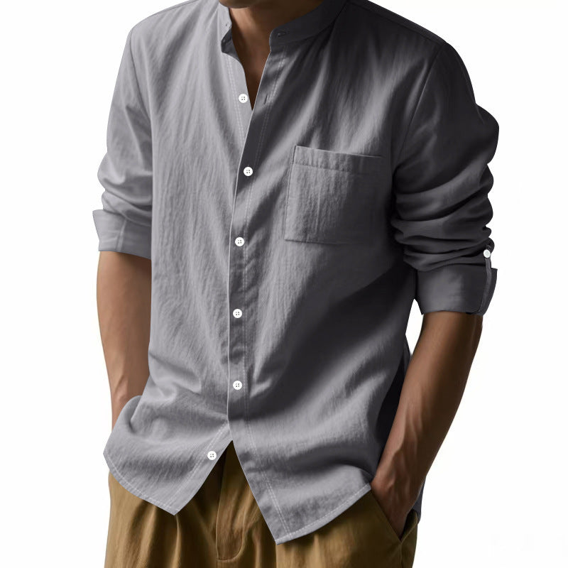 Men’s Long Sleeve Stand Collar Linen Shirt with Pockets – Casual Lightweight Button Down Top for Everyday Wear