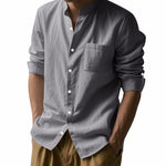 Men’s Long Sleeve Stand Collar Linen Shirt with Pockets – Casual Lightweight Button Down Top for Everyday Wear
