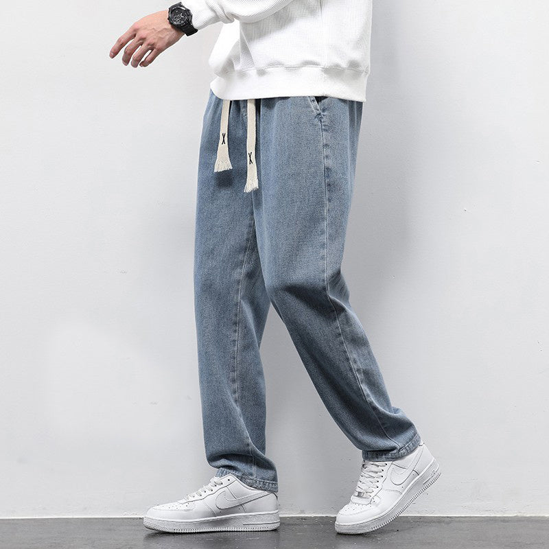 Men’s Summer Loose Wide Leg Jeans – Fashion Drawstring Elastic Straight Denim Trousers