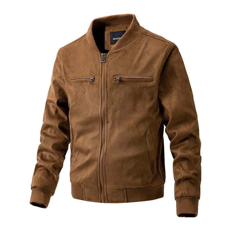 Men’s Suede Stand Collar Jacket – Casual Double Zipper Pocket Coat for Autumn & Daily Wear