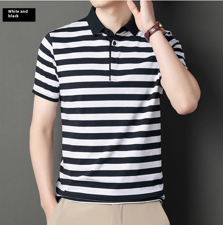 Summer Men’s Cotton Ice Silk Polo T-shirt – Striped Short Sleeve Youth Undershirt for Daily Wear