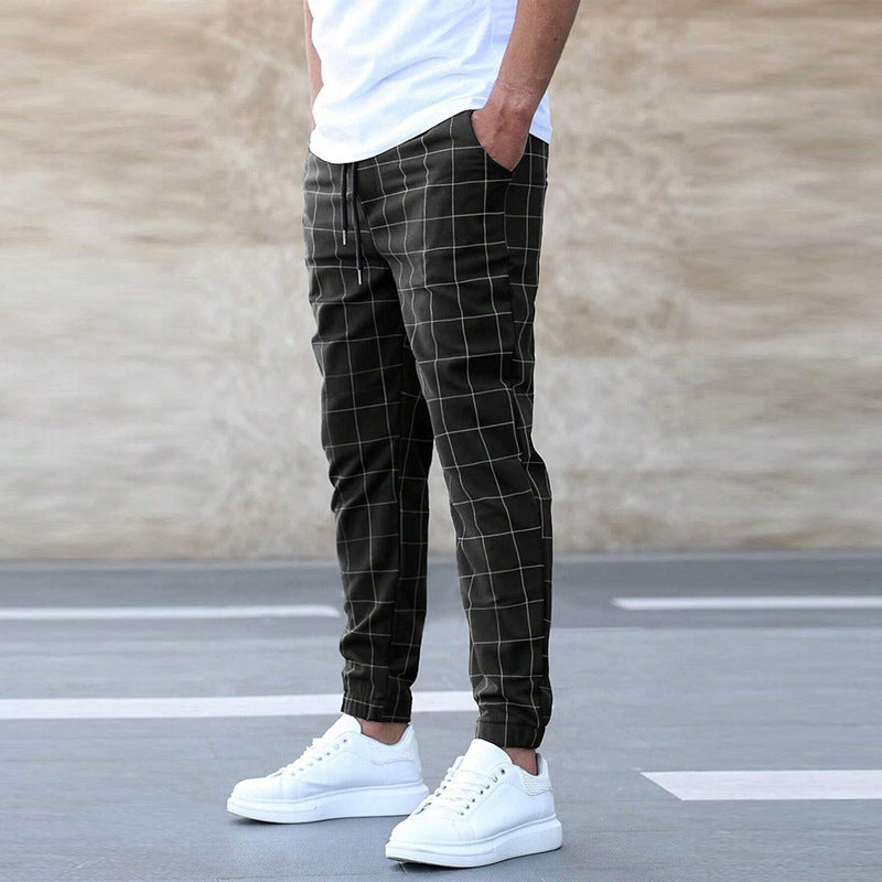 Men’s Fashion Plaid Print Pants – Casual Straight-Leg Trousers with Drawstring for Comfortable Spring Wear