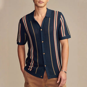 Men’s Hollow-out Knitted Polo Cardigan | Breathable Striped Short Sleeve Casual Shirt