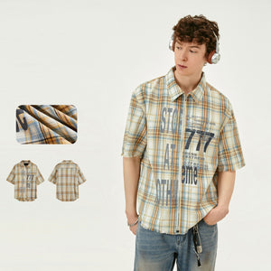 Men’s Printed Washed Plaid Shirt – Retro Short Sleeve Tassel Cardigan Top for Casual Summer Style