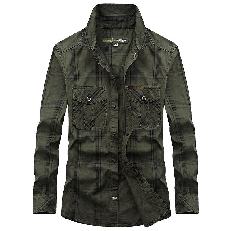 Men’s Plus Size Loose Cargo Cotton Shirt – Long Sleeve Casual Top in Khaki, Blue & Green