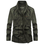Men’s Plus Size Loose Cargo Cotton Shirt – Long Sleeve Casual Top in Khaki, Blue & Green