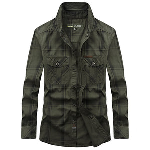 Men’s Plus Size Loose Cargo Cotton Shirt – Long Sleeve Casual Top in Khaki, Blue & Green