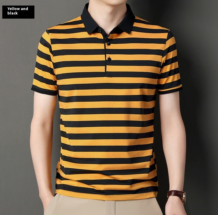 Summer Men’s Cotton Ice Silk Polo T-shirt – Striped Short Sleeve Youth Undershirt for Daily Wear
