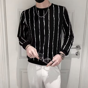 Men’s Niche Round Neck Slim-Fit Striped Sweater – Lightweight Corduroy Pullover for Casual Style