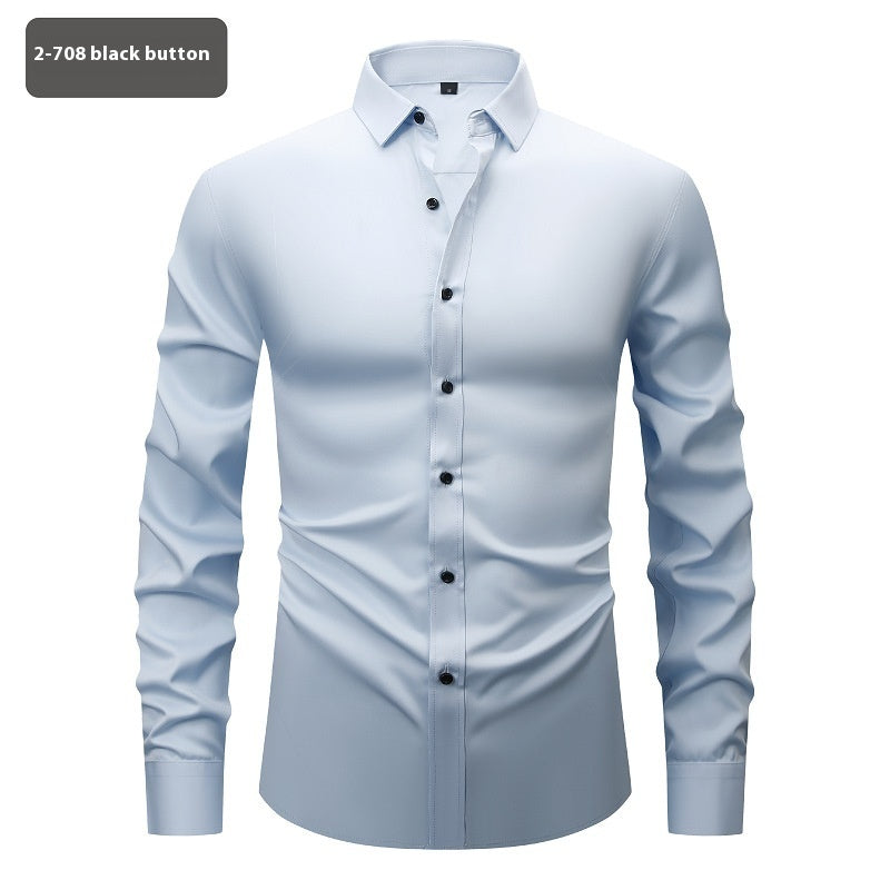 Men’s Long Sleeve Stretch Shirt – Fashionable Solid Color Loose Fit Top for Casual & Daily Wear