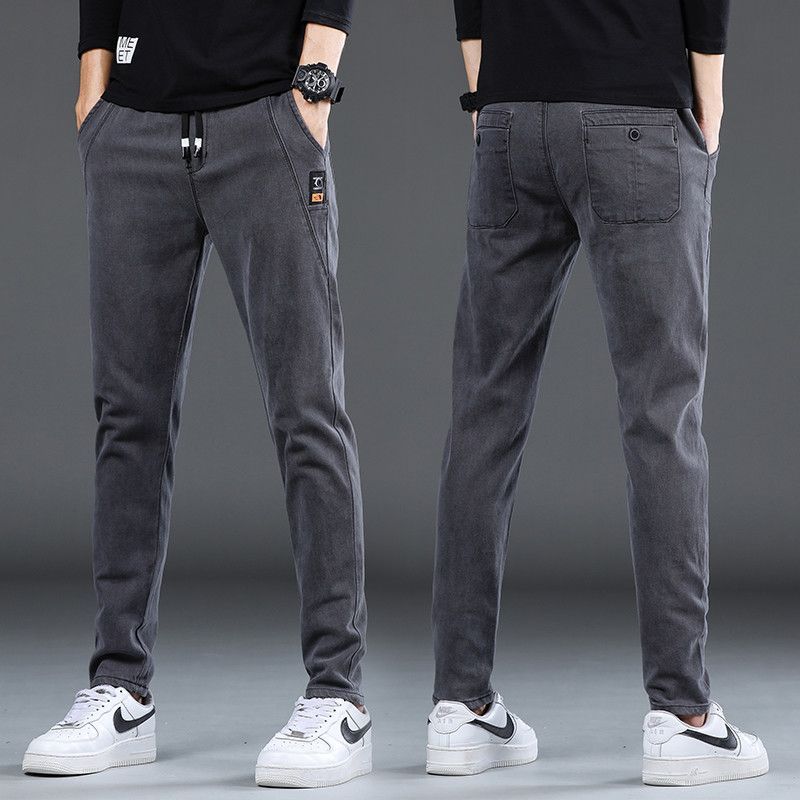 Denim Stretch Casual Men's Cropped Trousers Thin Lightweight Polyester Mid Waist Elastic Pants