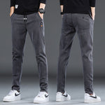 Denim Stretch Casual Men's Cropped Trousers Thin Lightweight Polyester Mid Waist Elastic Pants