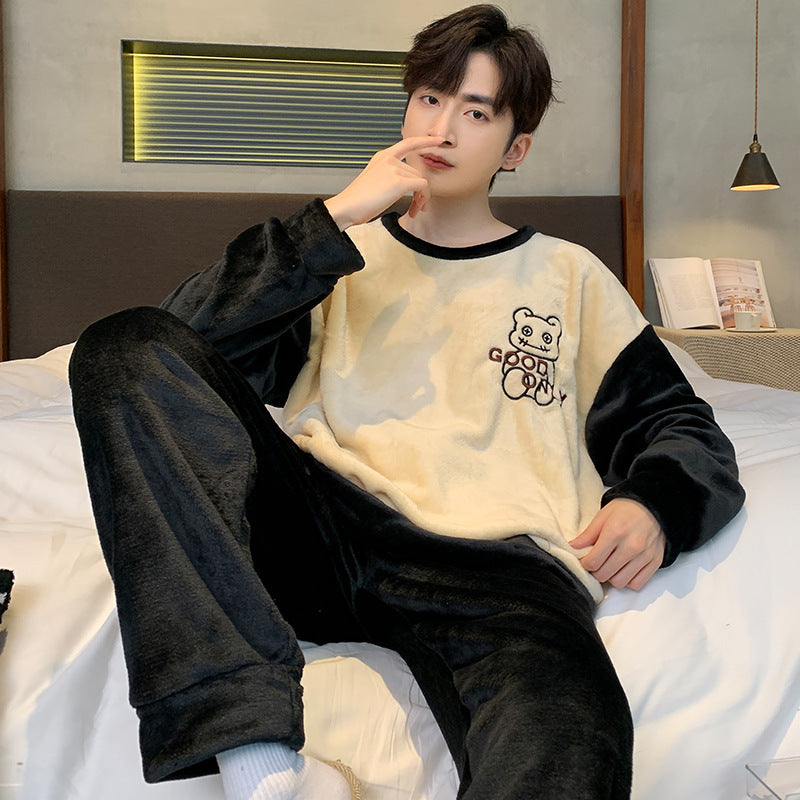 Men’s Coral Fleece Winter Pajamas – Thickened Flannel Lined Long-Sleeve Top & Trousers | Warm Homewear Suit