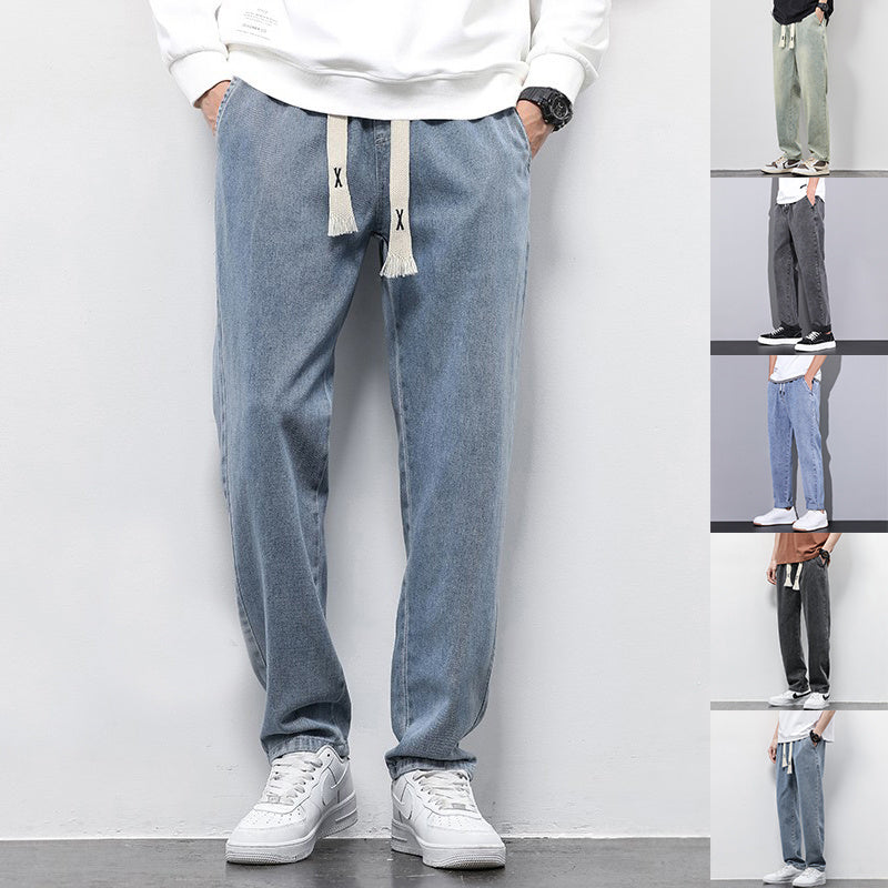 Men’s Summer Loose Wide Leg Jeans – Fashion Drawstring Elastic Straight Denim Trousers