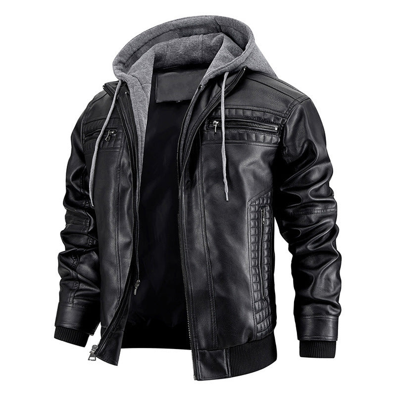 Men’s Hooded PU Leather Jacket – Warm Zipper Pockets Fashion Coat for Winter Daily Wear