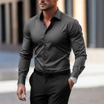 Men’s Long Sleeve Button Down Shirt – Solid Color Business Casual Lapel Top for Summer & Vacation Wear