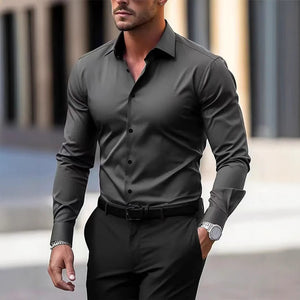 Men’s Long Sleeve Button Down Shirt – Solid Color Business Casual Lapel Top for Summer & Vacation Wear