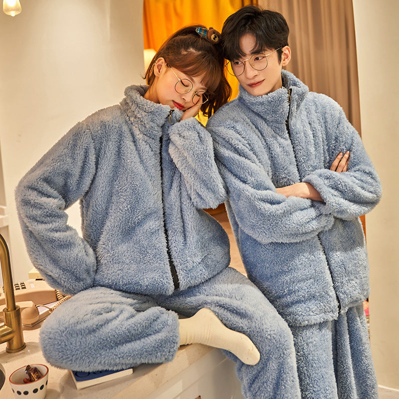 Plush Couple Thermal Zipper Suit – Thick Flannel Homewear Set for Men and Women