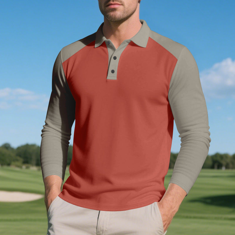 Golf Lapel Long Sleeve T-Shirt for Men – Comfortable Color Block Bottoming Shirt