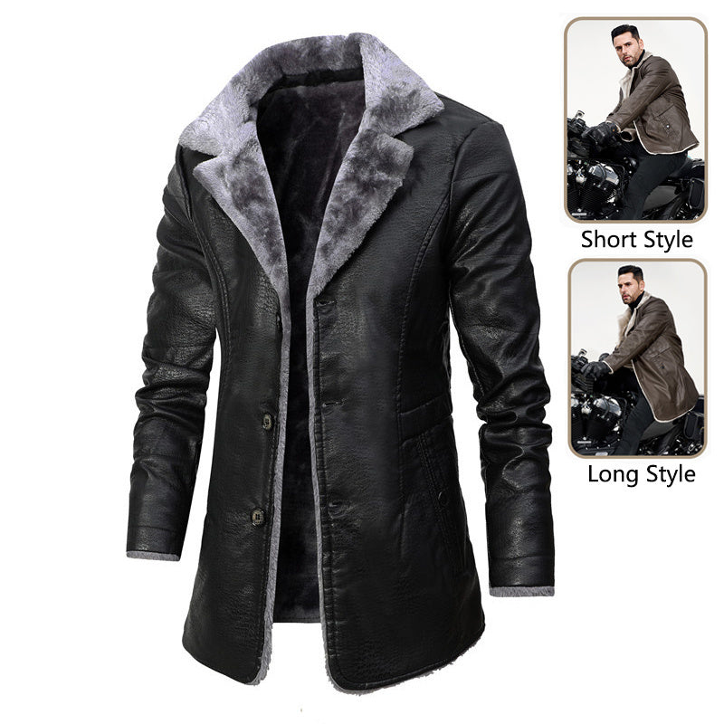 Men’s Plush Lapel Leather Jacket – Winter Warm Fleece Lined Single-Breasted Long Coat