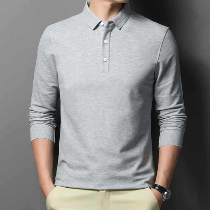 Casual Classic Solid Color Long Sleeve Polo Shirt for Men – Comfortable Cotton Blend Top