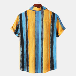 New Men’s Contrast Color Striped Shirt – Cotton Casual Short Sleeve Top for Summer Style