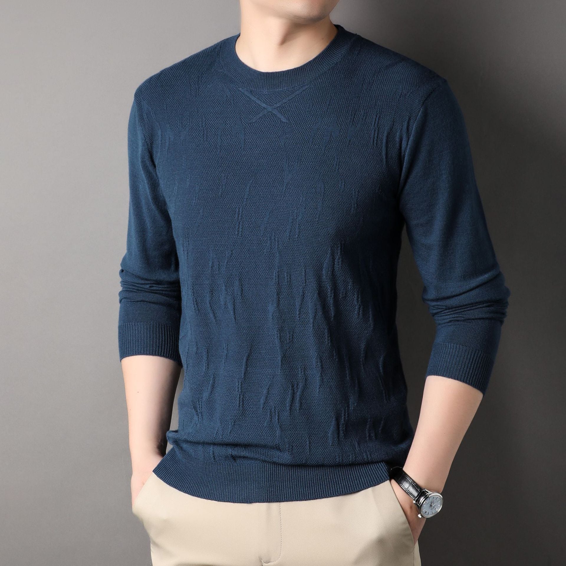 Spring & Autumn Men's Sweater – Loose Fit Solid Color Long Sleeve Pullover for Middle-aged Men