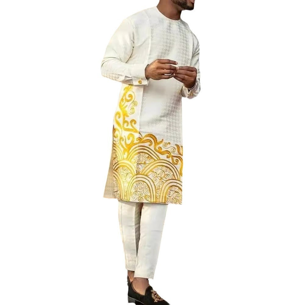 Men’s Casual Minimalist Printed African Suit – Straight Fit Leisure Outfit | Ethnic Style Four-Season Wear