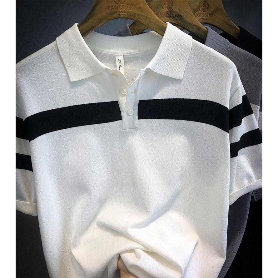 Men’s Polo Shirt Lapel Short-Sleeved Sweater – Lightweight Loose Fit Color Block Top