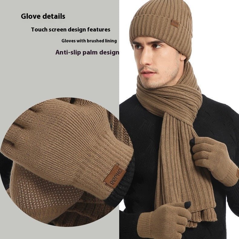 Men & Women Wool Hat Scarf Gloves Set – Thickened Knitted Winter Warm Three-Piece Set | Solid Color