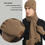 Men & Women Wool Hat Scarf Gloves Set – Thickened Knitted Winter Warm Three-Piece Set | Solid Color