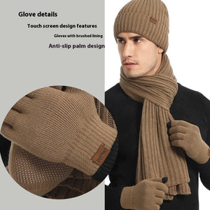 Men & Women Wool Hat Scarf Gloves Set – Thickened Knitted Winter Warm Three-Piece Set | Solid Color