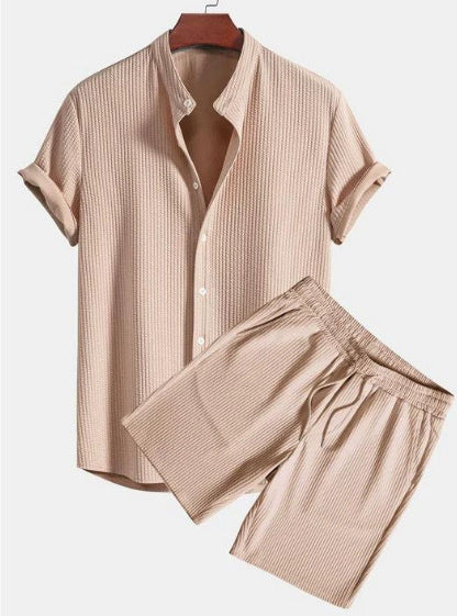 Men’s Casual Beachwear Two-Piece Set – Loose Short Sleeve & Shorts | Summer Striped Outfit for Daily Comfort